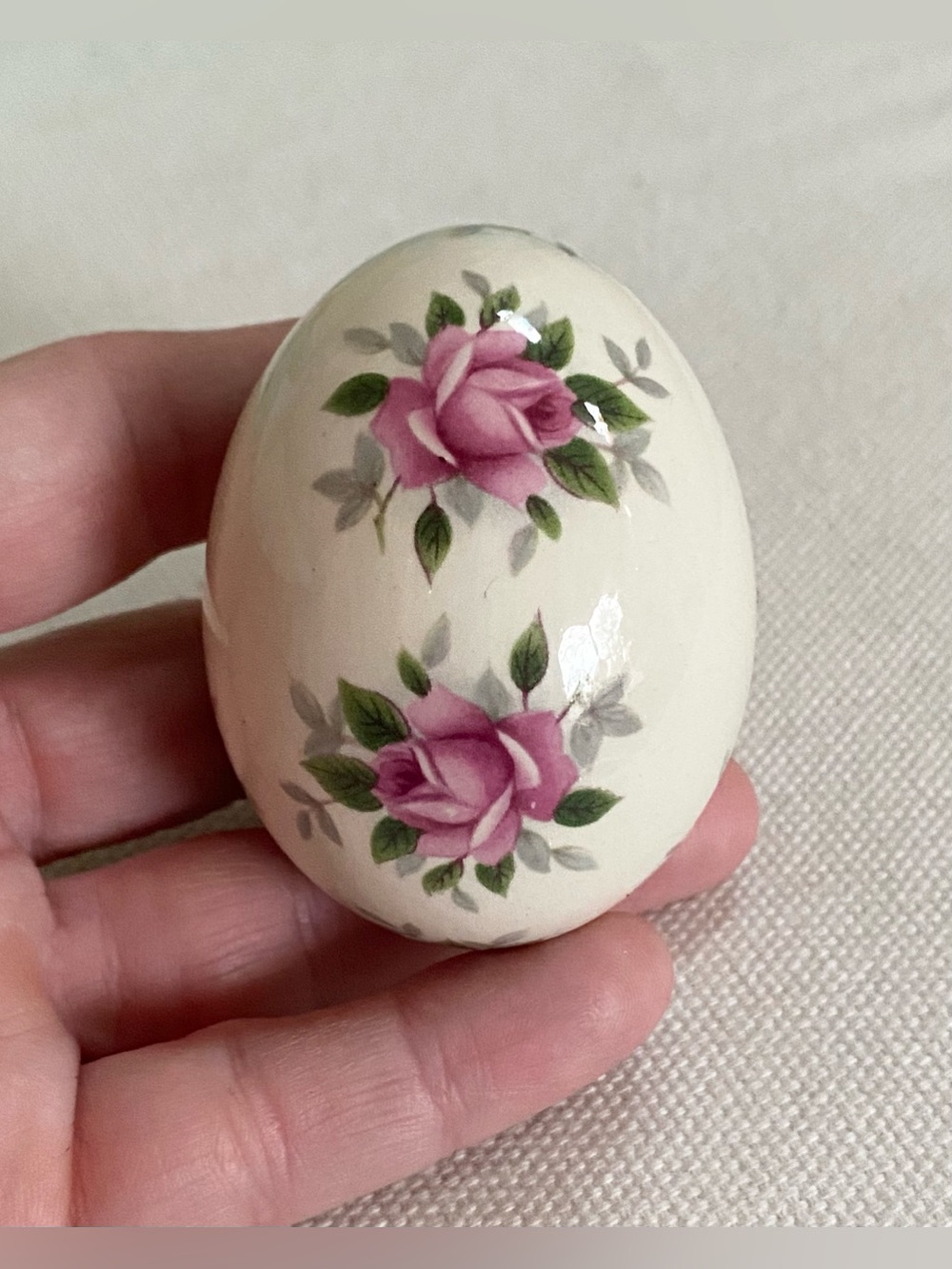 Vintage The Egg Lady Hand Painted Porcelain Floral Egg Lavender Pink Roses